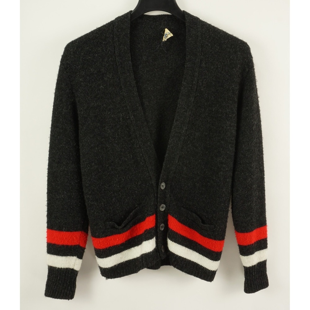Vintage 1950s Sears Pilgrim Band Stripe Charcoal Cardigan Sweater Mens Medium US